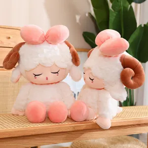 Cute plush sheep doll soft stuffed animal toy with pink bow and brown horns for kids gifts