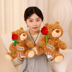 Süßer brauner Teddybär Plüschtier mit roter Rose, weiche Kuschelpuppe Geschenk für Kinder.