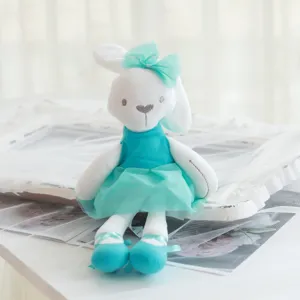Cute white plush rabbit doll with teal lace ballet dress, soft stuffed toy for kids and room decor.