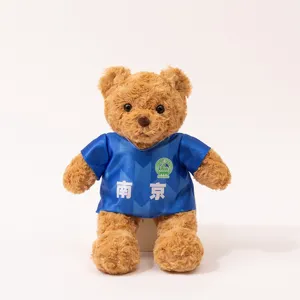 Detailed view of a cute teddy bear plush toy wearing a custom football jersey with logo.