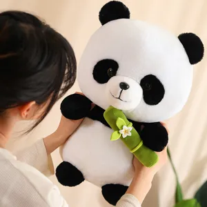 Cute panda plush toy holding bamboo flower stuffed animal soft doll for kids gift and home decor