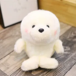 Cute white round plush animal detail close-up, soft furry toy texture, cozy home decor.