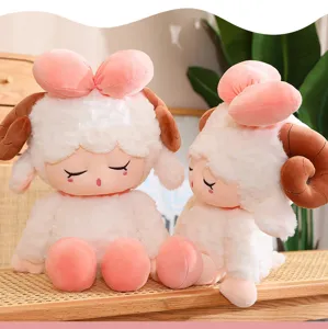 Cute plush sheep doll detail shot, soft plush material with pink bow and ram horns design.