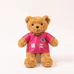 Detailed shot of a cute plush teddy bear wearing a pink football jersey with custom text.