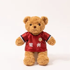 Adorable plush teddy bear wearing a red football jersey and custom text, soft toy gift.