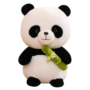 Cute giant panda plush toy holding bamboo stalk with flower, soft stuffed animal doll for kids gift.