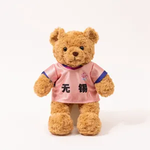 Cute plush teddy bear toy wearing a pink football jersey with Wuxi print, perfect gift for fans.