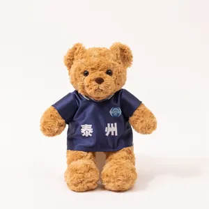 Detailed view of cute brown teddy bear plush toy wearing dark blue football jersey with Taizhou logo.