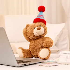 Süßer brauner Teddybär Plüschtier mit blauem Geburtstagshut, perfektes Geschenk für Kinder.