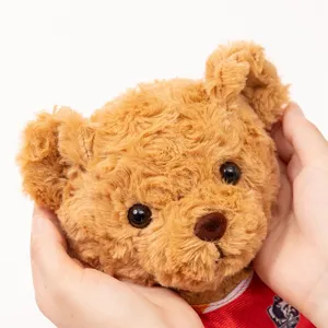 Close-up detail view of cute teddy bear plush toy wearing red football jersey with badge.