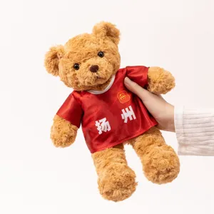 Cute teddy bear plush toy wearing red football jersey with custom text for fans and sports gifts.