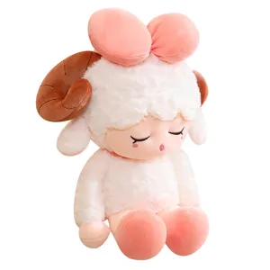 Cute ram plush toy soft sleeping sheep doll pink bow kawaii stuffed pillow for kids gift