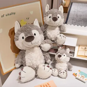 Fluffy grey wolf plush toy set cute stuffed animal doll soft kids room home decor