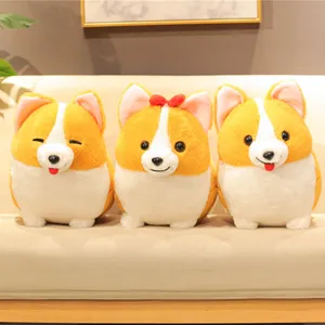 Detailed shot of cute Corgi plush toys featuring soft yellow and white fur sitting on a cozy sofa.