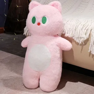 Cute pink big-eyed cat plush toy long sleeping pillow soft stuffed doll main view.