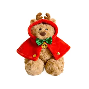 Schattige pluche teddybeer knuffel met een rode kerstcape, rendiergewei en een gouden bel