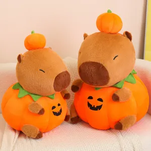 Cute Halloween capybara plush toy with cute pumpkin hat, soft stuffed animal pillow.