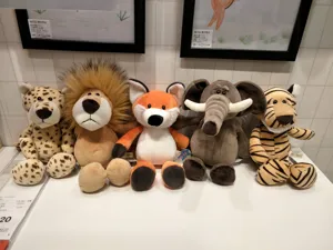 Cute forest animal plush toy set including lion, leopard, fox, elephant and tiger soft dolls.