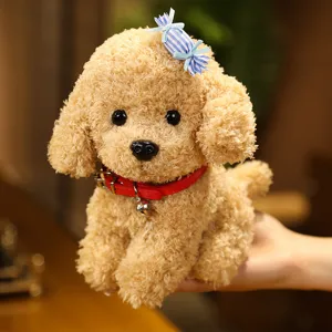 Cute simulation teddy dog plush toy, soft sitting puppy doll with collar and candy bow.