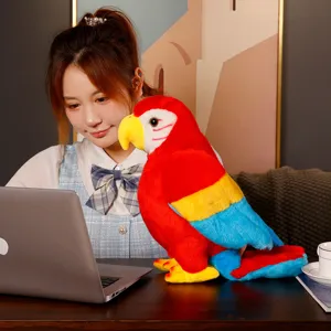Detailed view of simulation parrot plush toy, realistic macaw design, soft fabric.