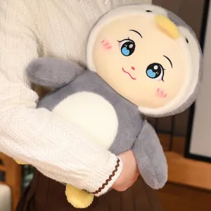 Cute penguin plush toy detail view, soft stuffed doll showcasing fine fabric and stitching quality.