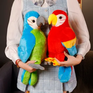 Close up detail view of soft plush parrot toys showing vivid colors and fine texture.