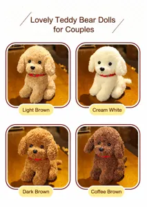 Cute sitting teddy dog plush toy doll with red collar, soft stuffed animal gift for kids.
