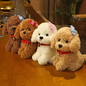 Detailed view of cute plush teddy dog toys, sitting posture, soft fabric, lovely gift for kids.