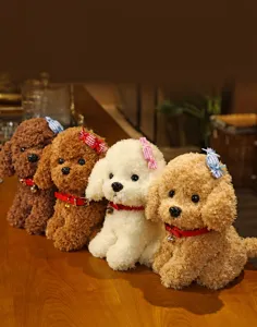 Cute sitting plush poodle dog toy set stuffed animal doll with red collar and candy hairclip gift