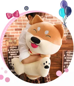 Soft smiling Shiba Inu plush toy detail, cute stuffed dog pillow, fluffy cotton gift.