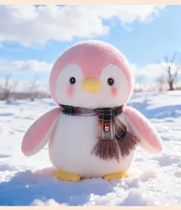Cute pink penguin plush toy with plaid scarf soft stuffed animal doll winter Christmas gift