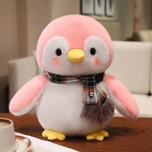 Cute pink penguin plush toy with plaid scarf soft stuffed animal gift for kids and holidays