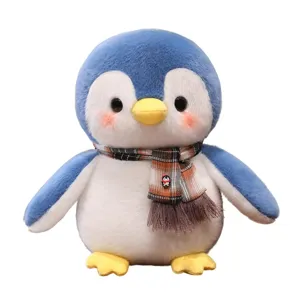 Cute penguin plush toy doll with a winter plaid scarf, soft stuffed animal gift for kids.