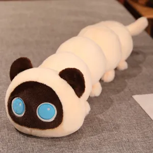 Cute cat caterpillar plush toy detail shot, long soft stuffed doll for kids and gifts.