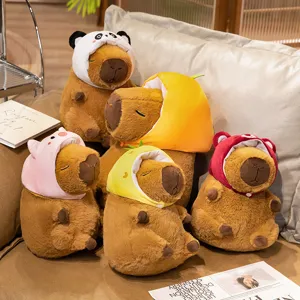 Cute Capybara Plush Toy with Animal and Fruit Hoods Soft Stuffed Doll Gift for Kids