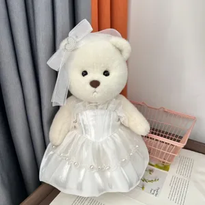 30cm weißer Gelenk Plüsch Teddybär mit elegantem Brautkleid und Perlen Schleife.