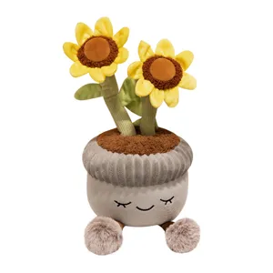 Simpatico peluche girasole in vaso con viso sorridente, decorazione da scrivania per ragazze.