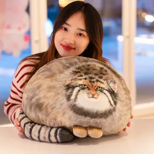 Close-up view of the cute Pallas's cat plush pillow showing soft texture and realistic face.