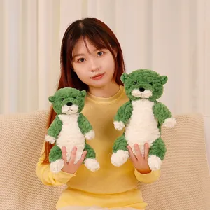 Cute green otter plush toy detail shot, soft stuffed animal for kids cozy home decor display.