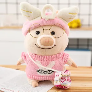 Cute plush pig toy with cute pink sweater, glasses and little bag, soft stuffed animal doll.