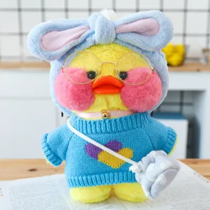 Cute plush yellow duck toy with blue rabbit ears headband sweater and glasses for kids.