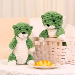 Detailed view of the adorable green plush otter toy placed next to a woven storage basket.