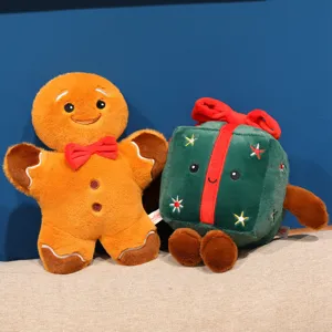 Weihnachts-Lebkuchenmann und Geschenkbox Plüschtier Set, weiche Kuschelpuppe für Festdekor.
