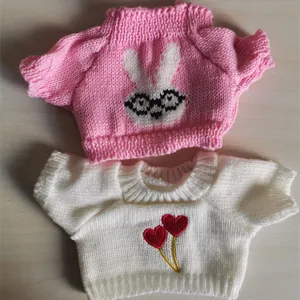 Cute doll knitted sweater set, featuring rabbit and heart designs for plush toys.