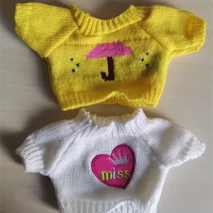 Handmade knitted doll sweater set, featuring cute yellow umbrella and white heart miss embroidery.