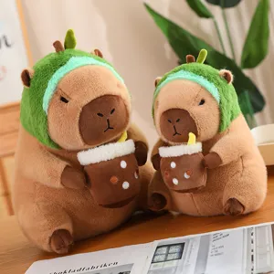 Cute capybara plush toys holding boba milk tea, soft stuffed animal doll home decor gift.