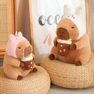 Cute boba tea capybara plush toy detail, soft stuffed animal doll with cute hat, wonderful gift.