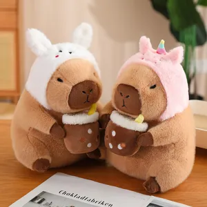 Cute Capybara plush toy with boba tea and cute animal headwear soft doll for kids gift decoration.