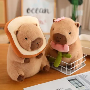 Cute capybara plush toy with bread and flower design soft stuffed animal doll for kids gift