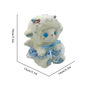 Adorable peluche agneau style lolita avec bonnet en dentelle et robe carreaux bleus cadeau.